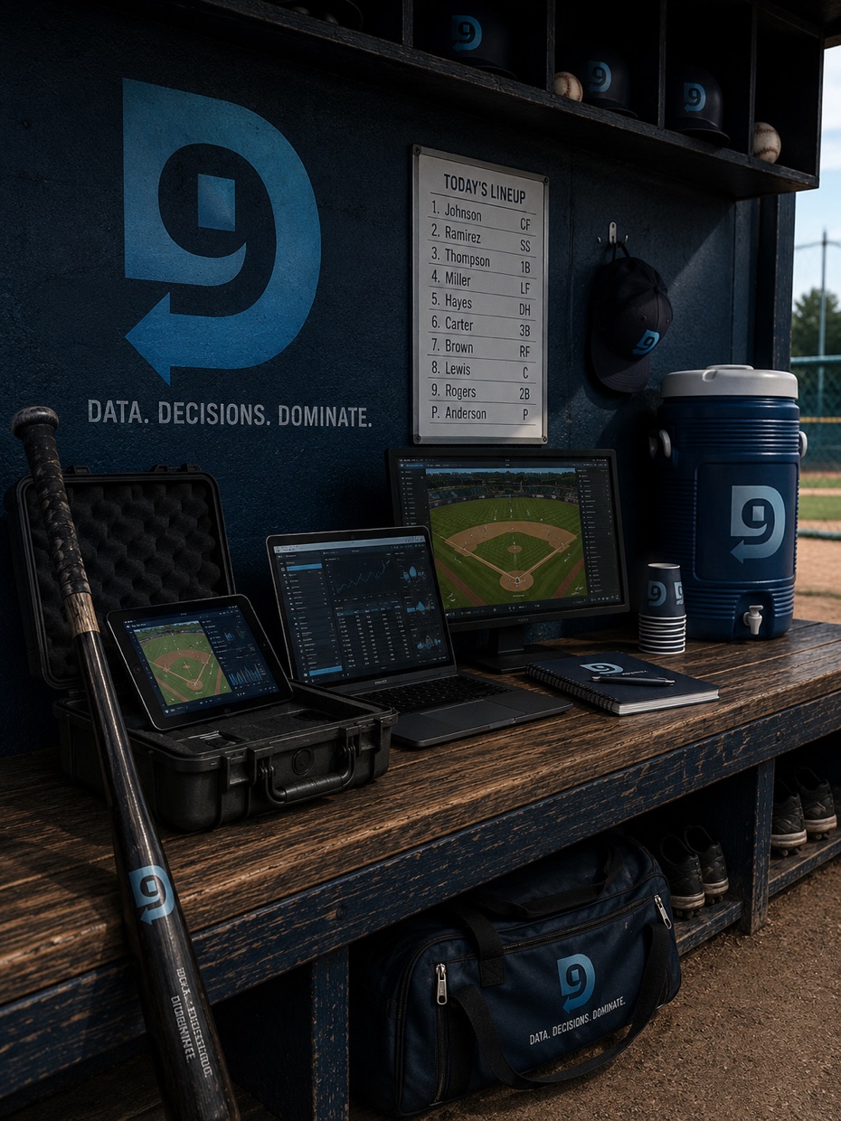 A D9Tech baseball dugout outfitted with analytics laptops, a tablet, and a field-data monitor
