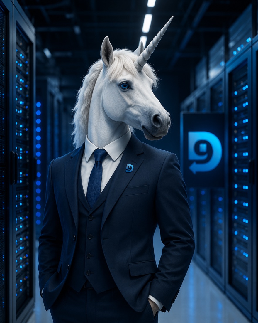 A unicorn in a business suit standing in a D9Tech data center, the unique engineer